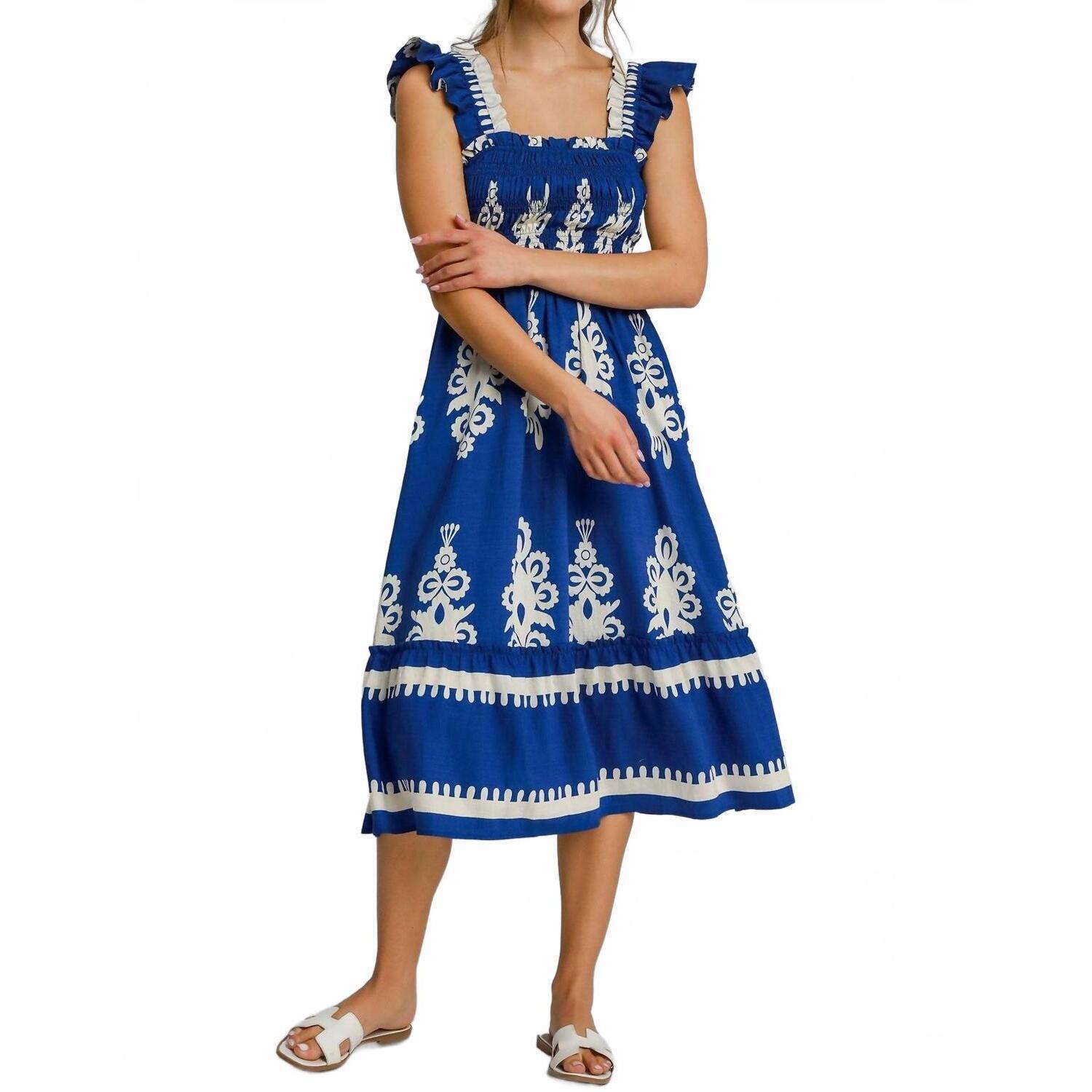 New Umgee Boho Embroidered Smocked Midi Dress In Cobalt Blue/White